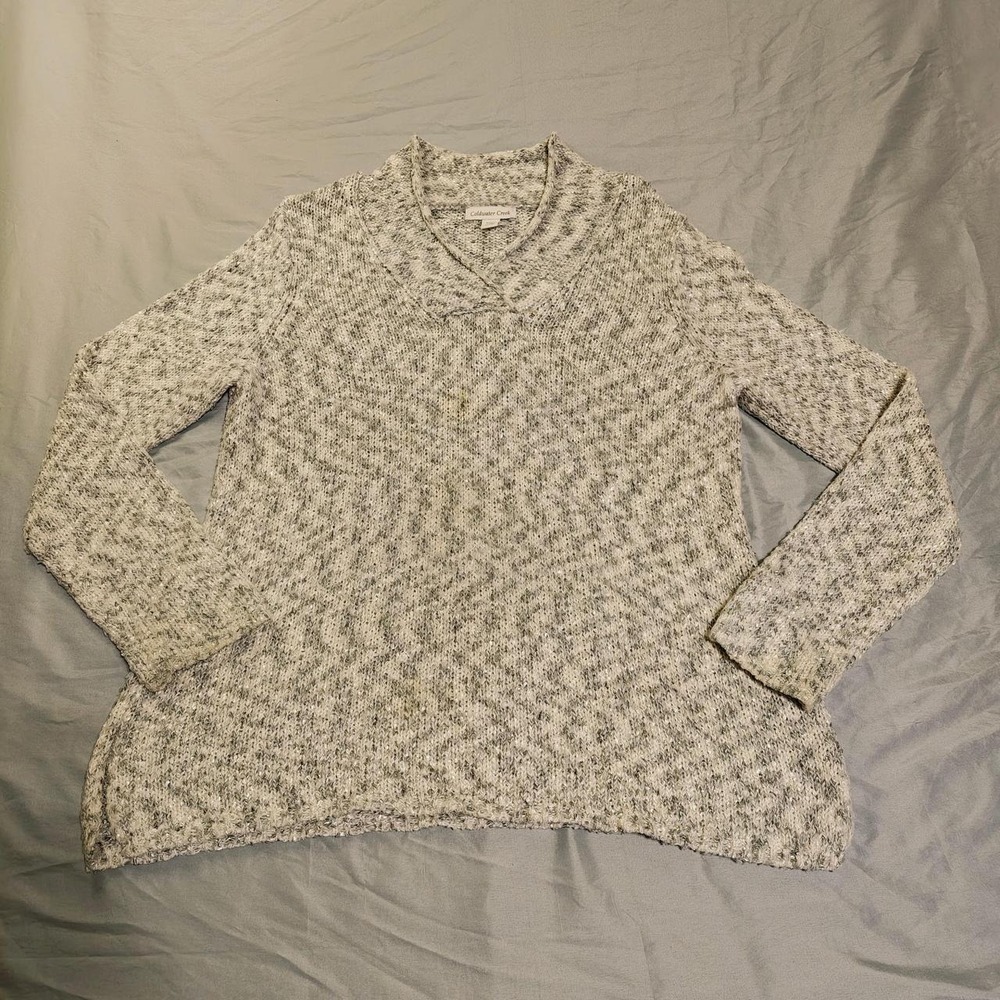 Coldwater Creek Womens XL 18 Grey Marled Cable Knit Crossover Collar Sweater